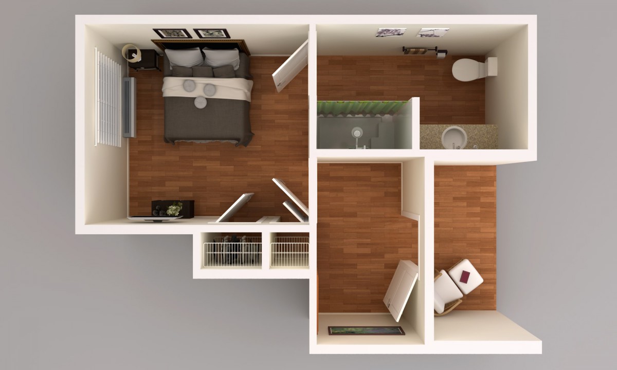 A 3D floor plan of a small apartment featuring a bedroom, bathroom, and a combined living and kitchen area.