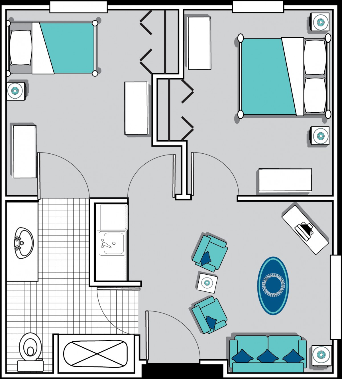 A floor plan of a two-bedroom apartment featuring a living room and a bathroom.