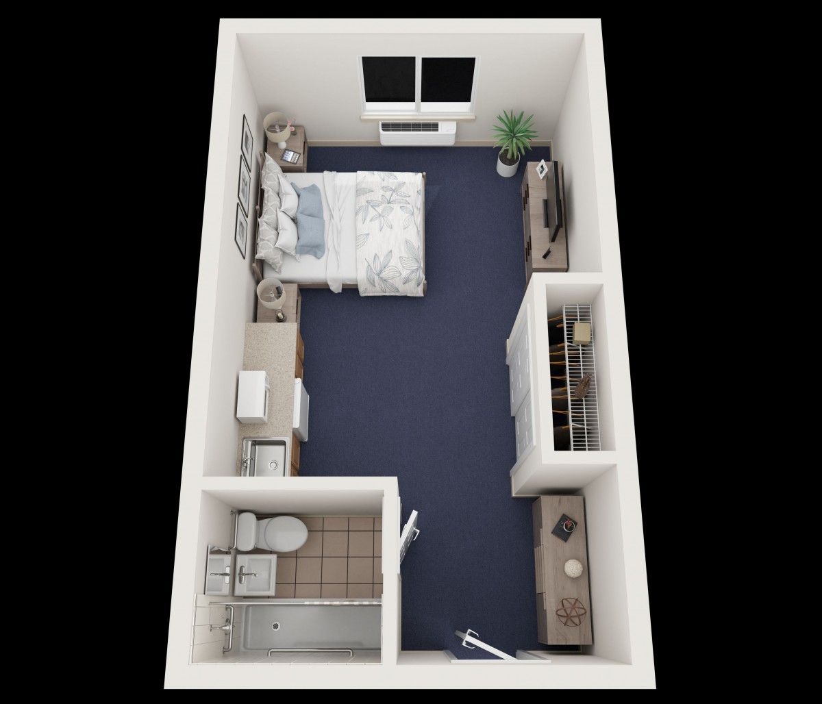 A 3D floor plan of a compact studio apartment featuring a bed, storage solutions, and a bathroom.