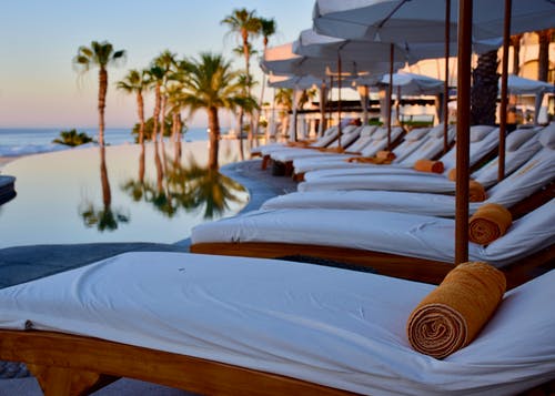 A serene poolside setting at a luxury resort, perfect for relaxation under the palms.