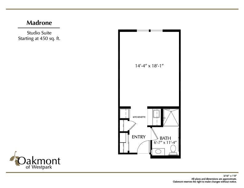 Floor plan of a studio apartment suite measuring 456 sq. ft.