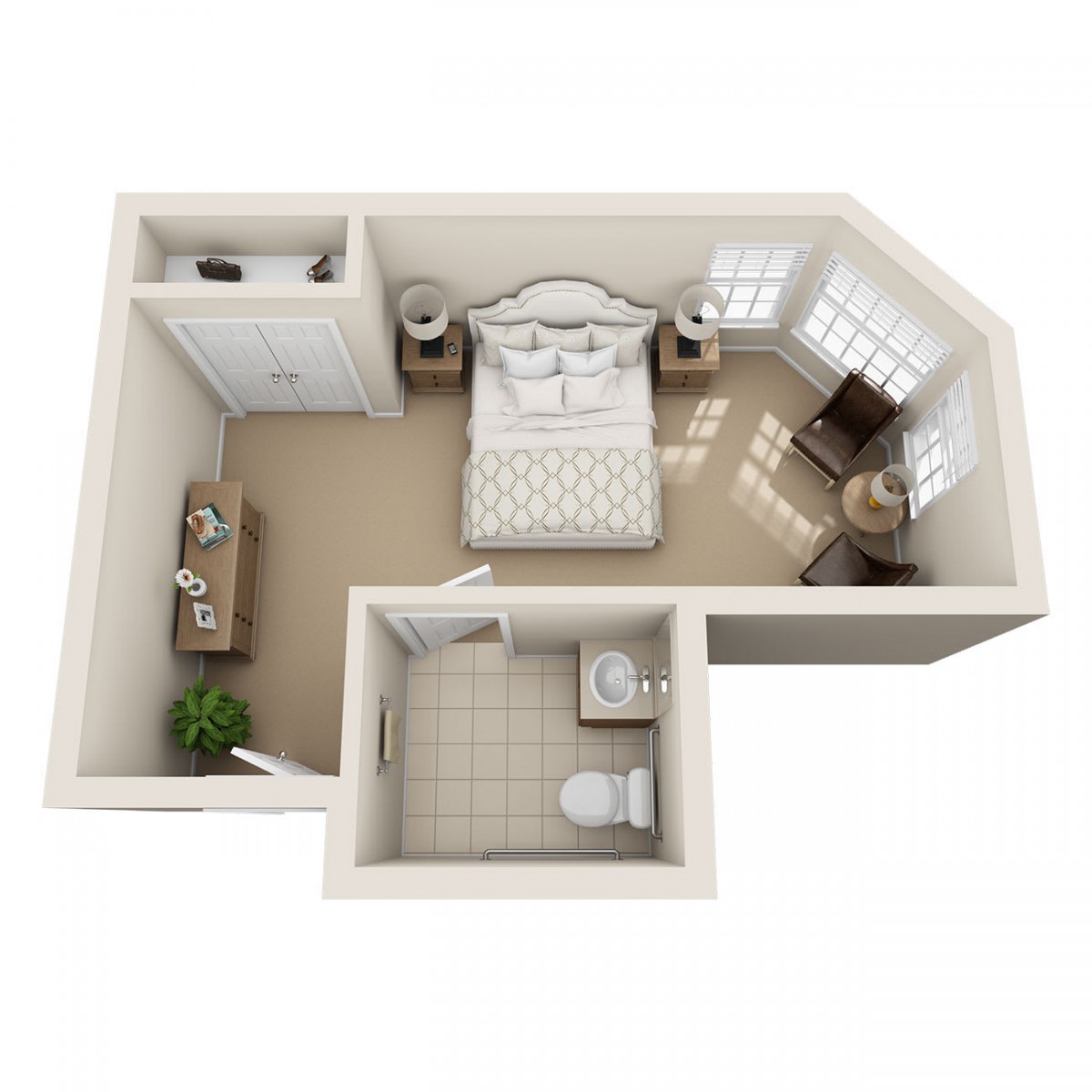 A 3D rendered floor plan of a bedroom with an attached bathroom.