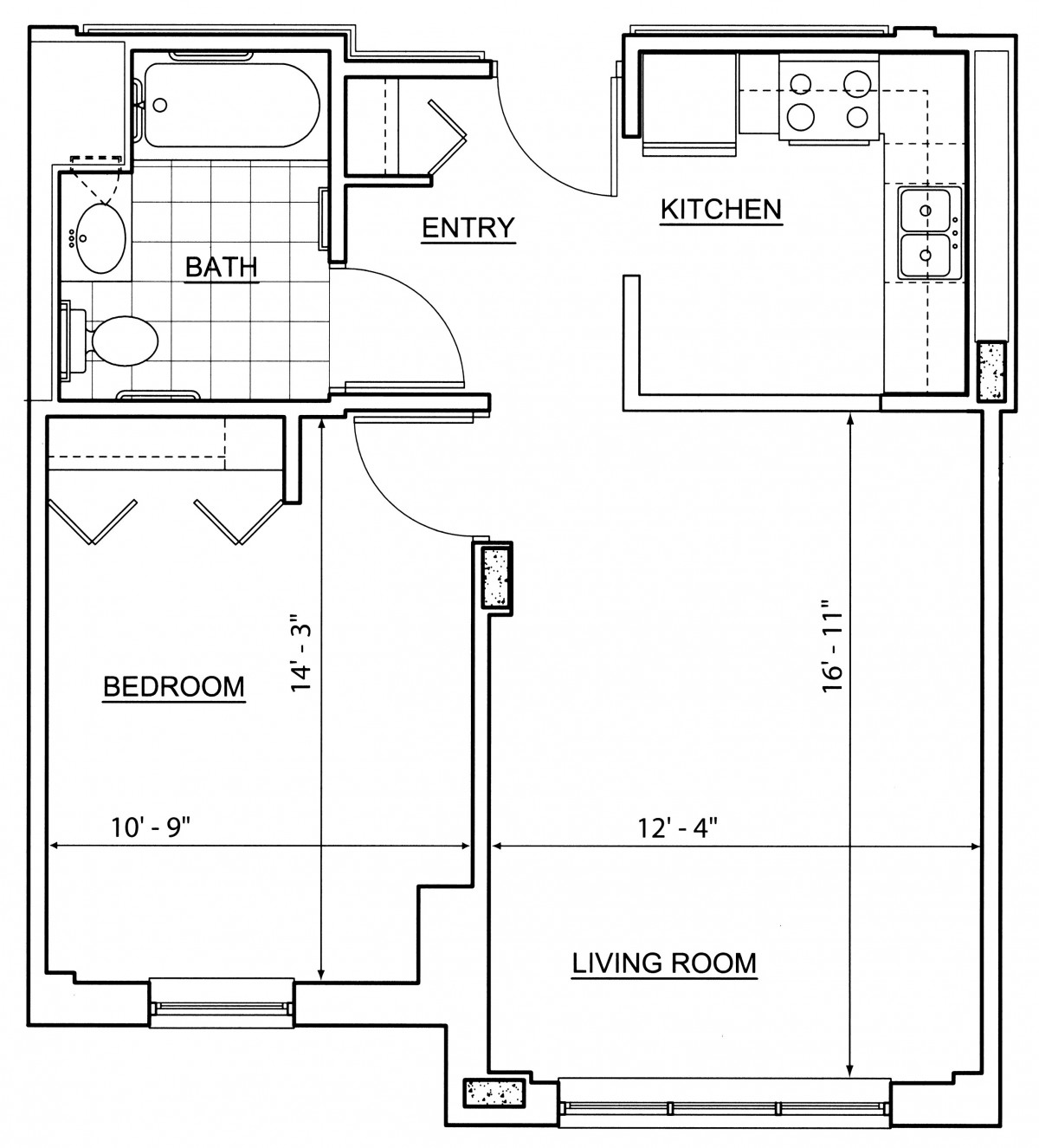 A floor plan of a one-bedroom apartment with labeled rooms and dimensions.