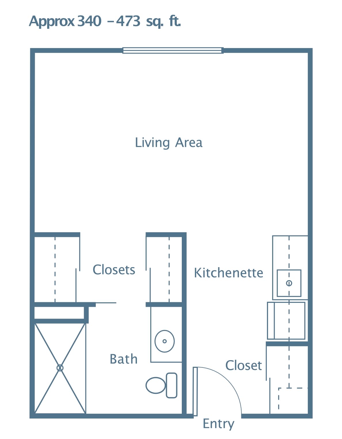 A floor plan of a studio apartment featuring a living area, kitchenette, bathroom, and closets.