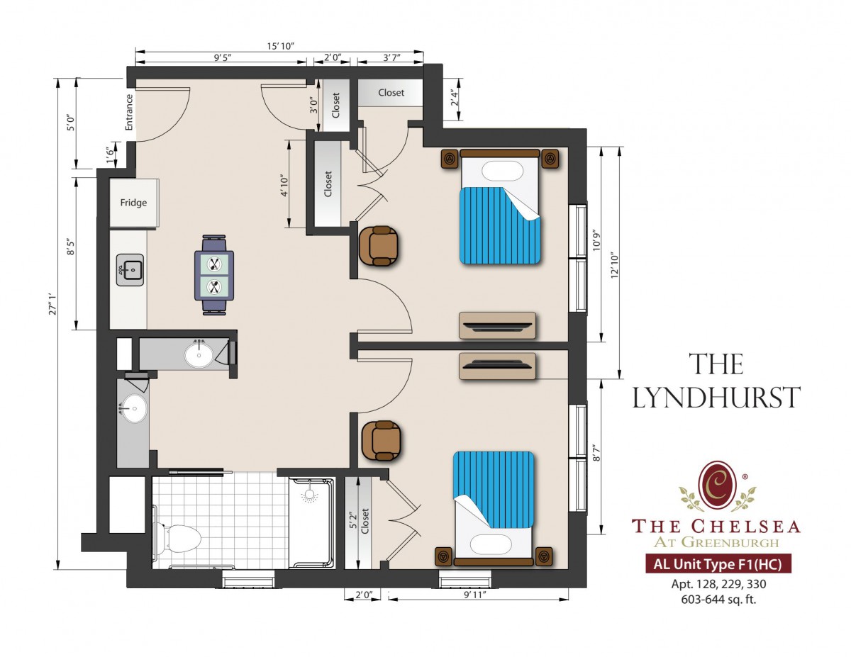Floor plan of a two-bedroom apartment with a living room, kitchen, and bathroom.
