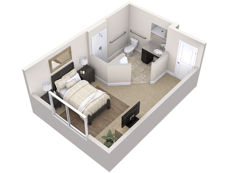A 3D floor plan of a small apartment featuring a bedroom and bathroom.