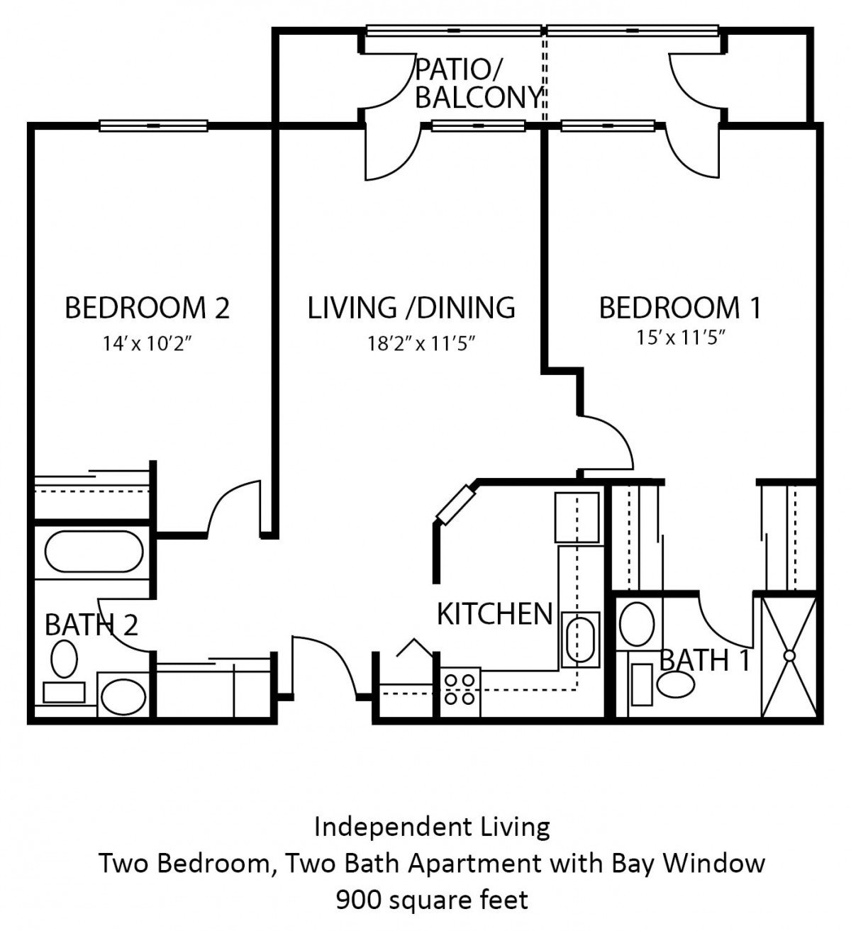 Floor plan of a two-bedroom, two-bath apartment with a balcony and bay window.