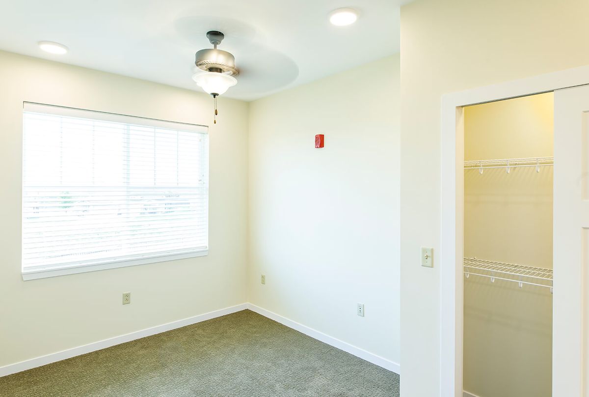 A bright, empty room with a ceiling fan and large window, featuring minimalist white walls and carpet flooring.