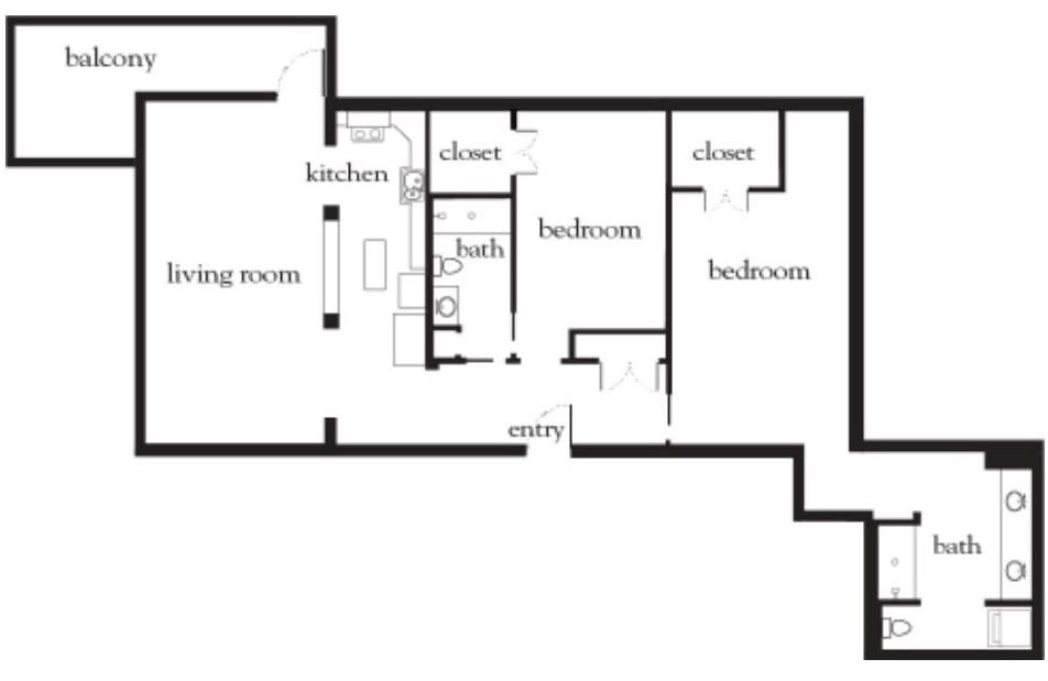 A floor plan of an apartment featuring a living room, kitchen, two bedrooms, a bathroom, and closets.