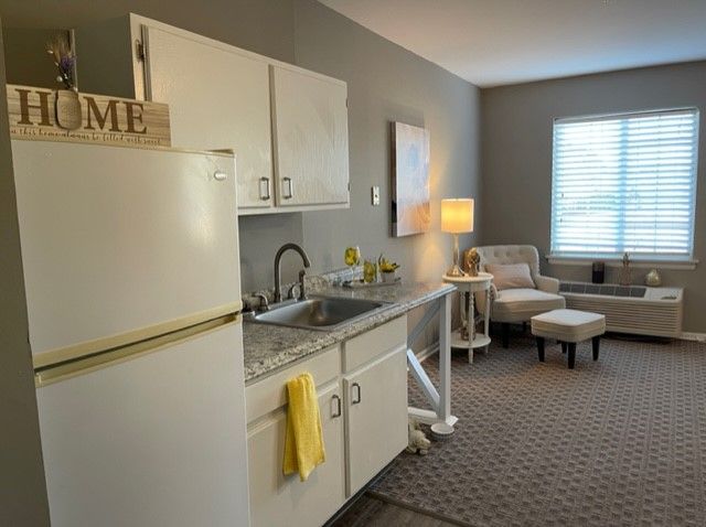 A cozy apartment interior featuring a compact kitchen and living area with modern decor.