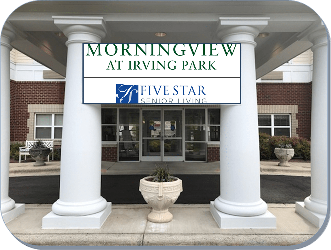 Entrance of Morningview at Irving Park with prominent pillars and signage.