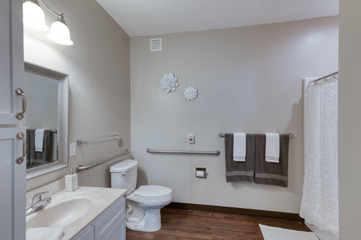 A modern bathroom with accessibility features including handrails and a spacious layout.