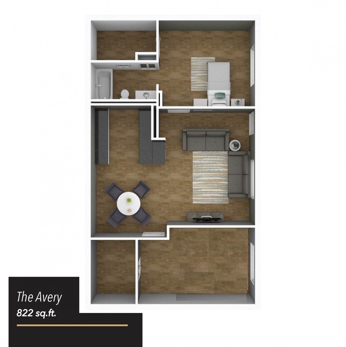 A floor plan of a one-bedroom apartment labeled 'The Avery' with an area of 602 square feet.