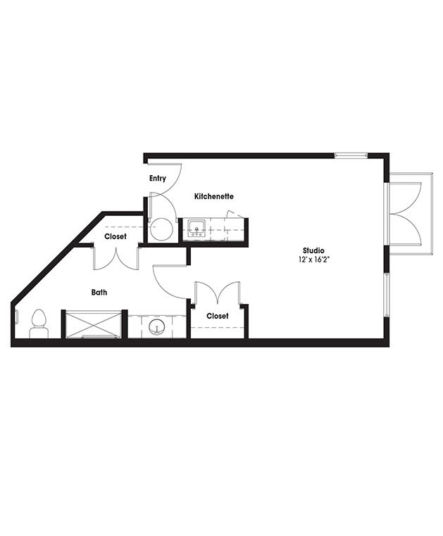 A floor plan layout of a studio apartment featuring a main living area, a bathroom, and a closet.