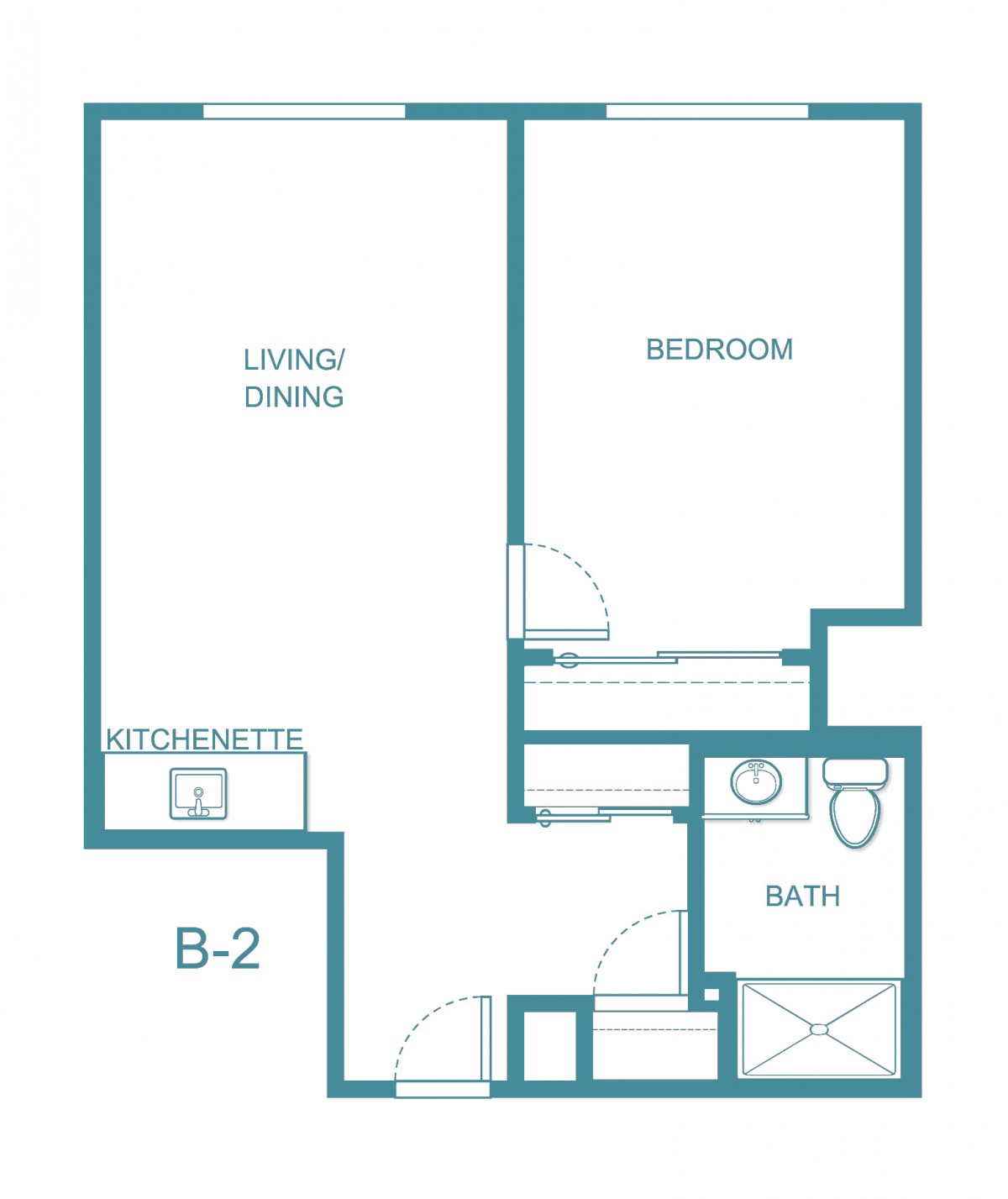A floor plan of a one-bedroom apartment, including a living area and a bathroom.