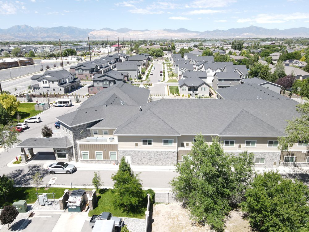 Aerial view of a suburban neighborhood and housing development.