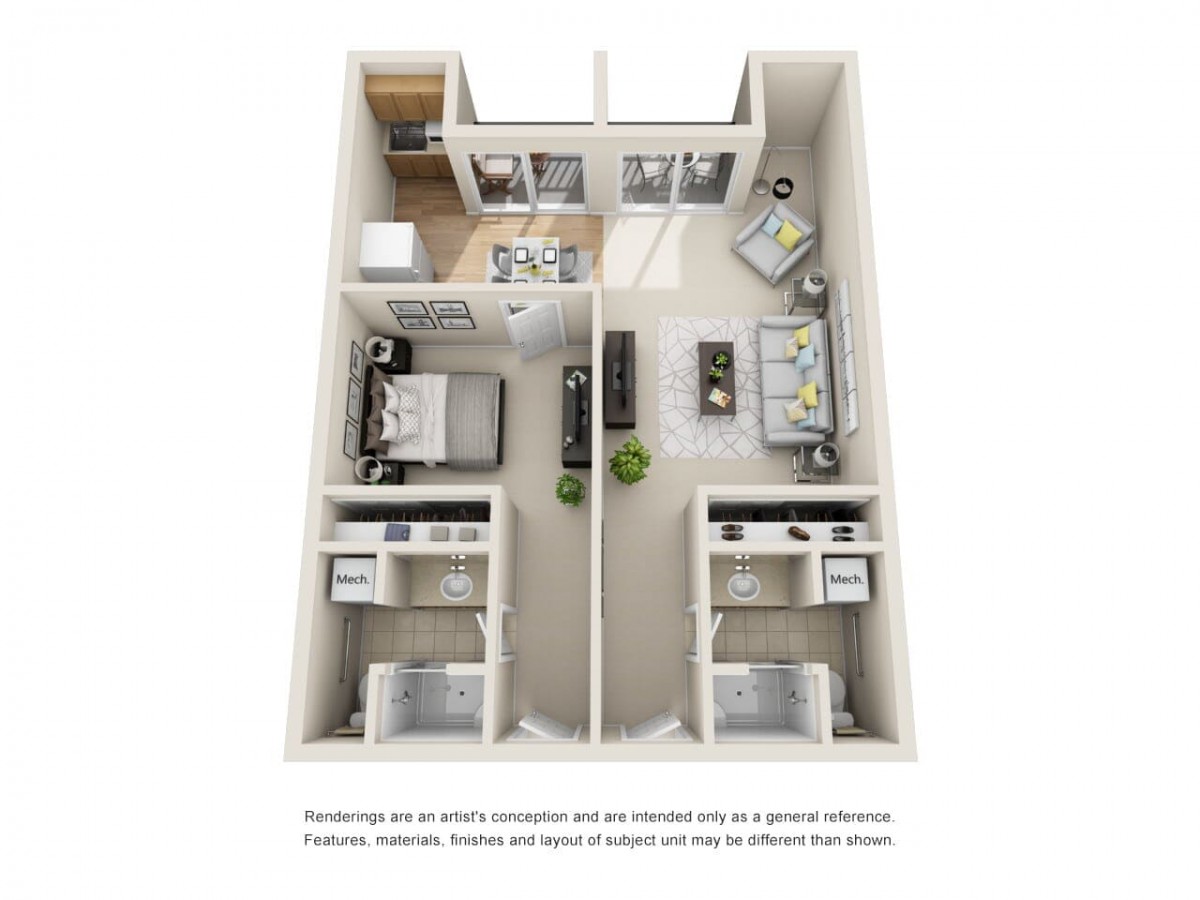 A 3D rendered floor plan of a two-bedroom apartment, featuring separate living and bedroom areas with attached bathrooms.