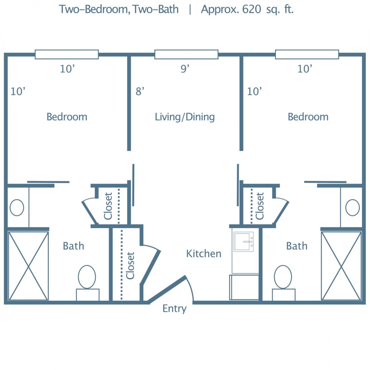 Floor plan of a two-bedroom, one-bath apartment approximately 600 sq. ft.