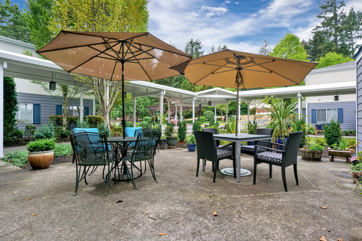 A cozy outdoor patio setup with tables, chairs, and umbrellas surrounded by lush greenery.