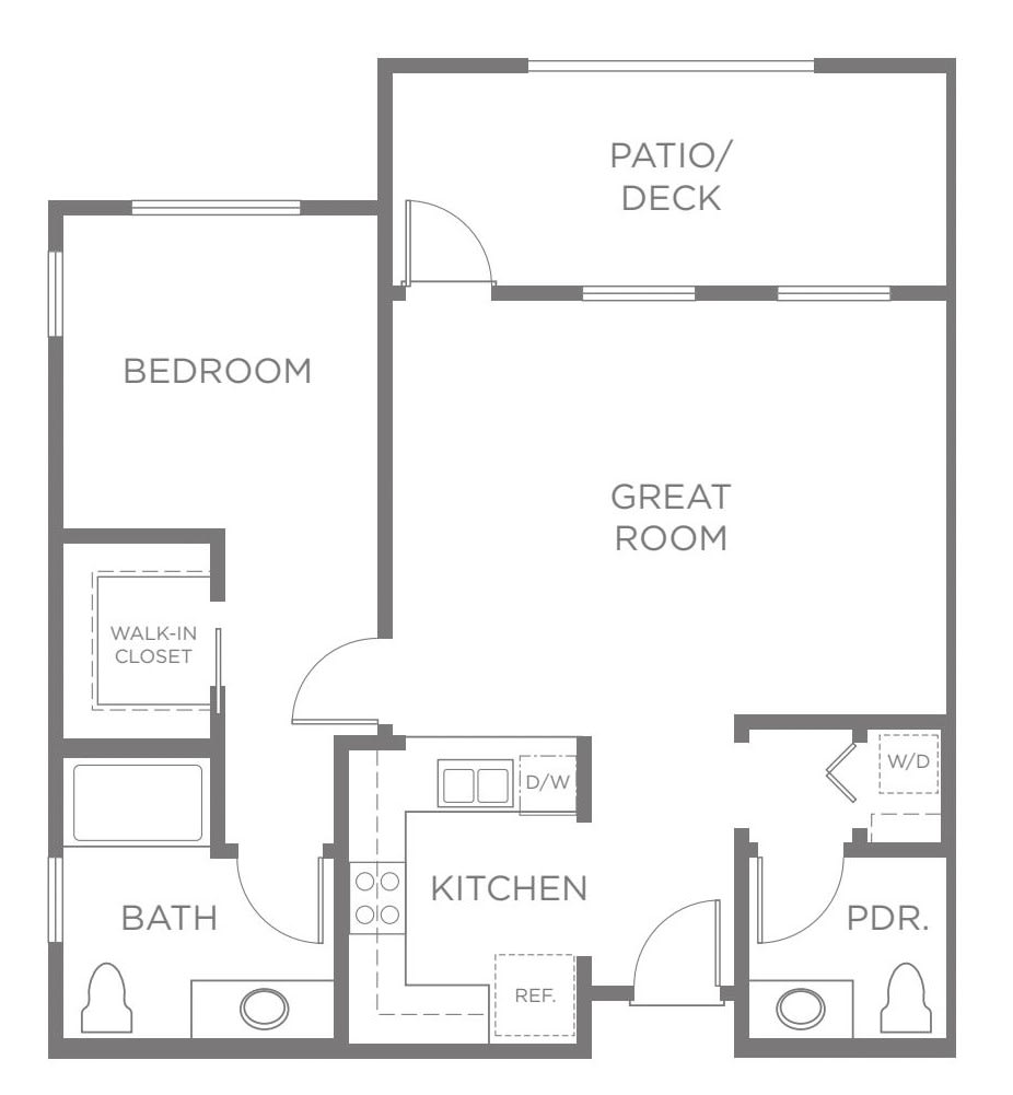 A floor plan showcasing a one-bedroom apartment with a great room, kitchen, bath, closet, and patio.