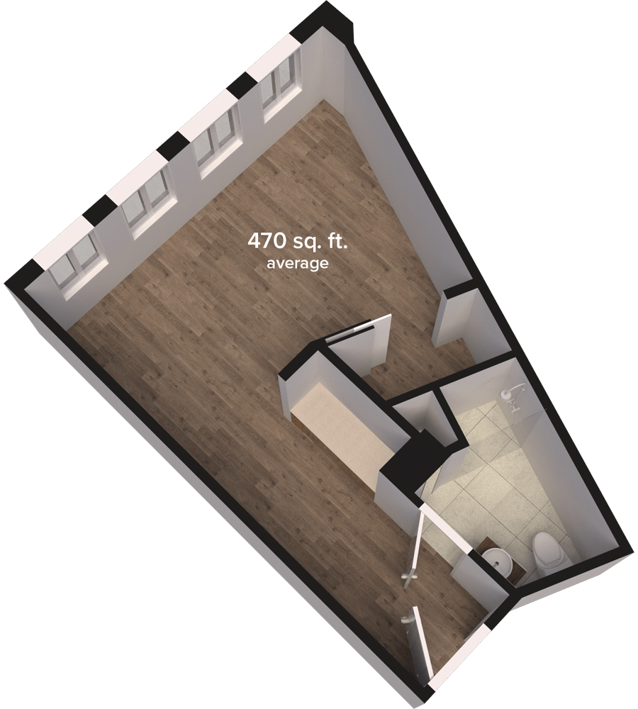 3D floor plan of a modern apartment with wood flooring and distinct living areas.