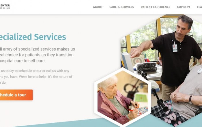A healthcare service poster depicting elder care and medical services at home.