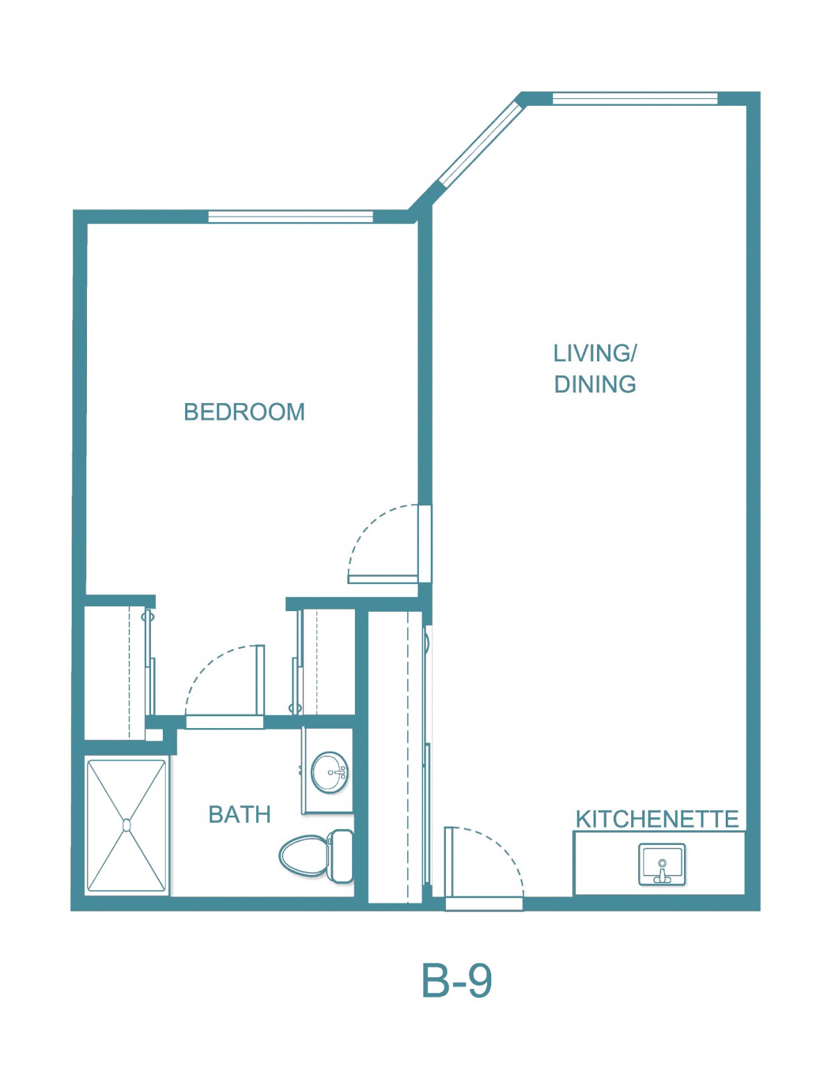 Floor plan of a one-bedroom apartment featuring a living/dining area, kitchenette, and bathroom.