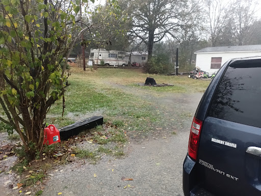 A view of a residential yard with a parked vehicle and surrounding trees.