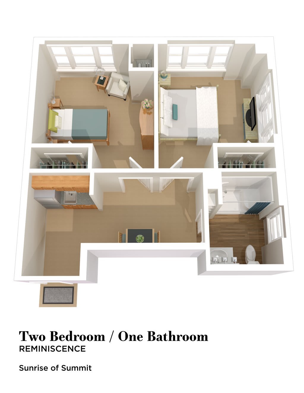 3D floor plan of a two-bedroom, one-bathroom apartment.