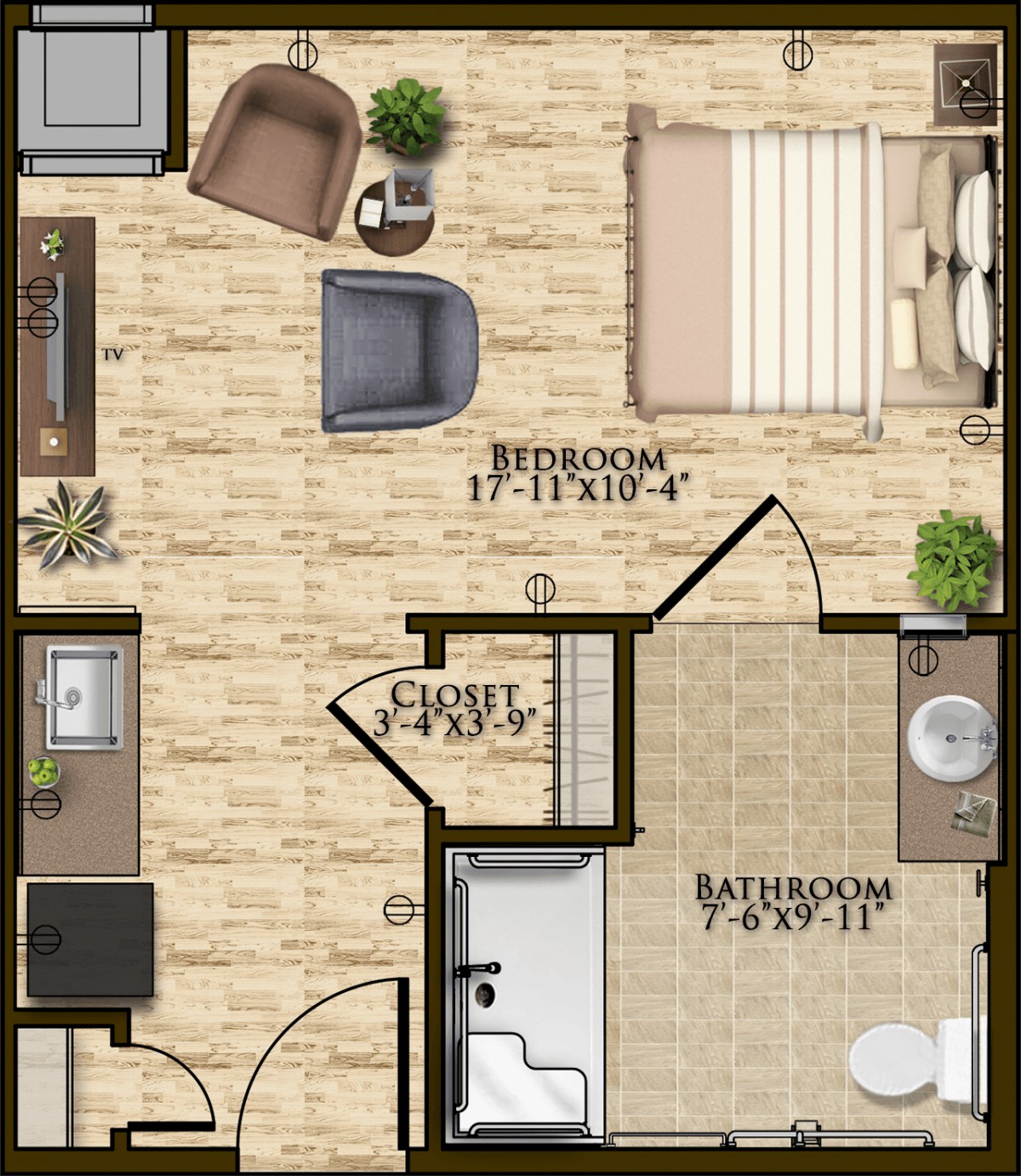A floor plan of a one-bedroom apartment featuring a living room, kitchen, bathroom, and closet.