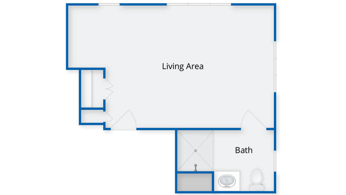 A simple floor plan featuring a living area and a bathroom.