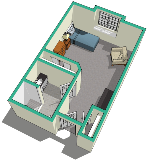 3D rendering of an apartment floor plan with a bedroom and living area.