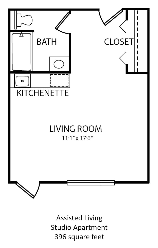 A floor plan featuring a living room and a kitchenette in an apartment.