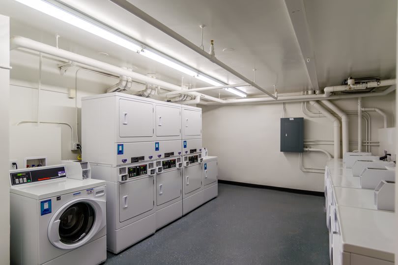 A clean and well-organized laundry room with multiple washing machines and dryers.