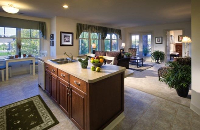 A cozy open floor plan combining kitchen and living room spaces, featuring a central island and large windows.