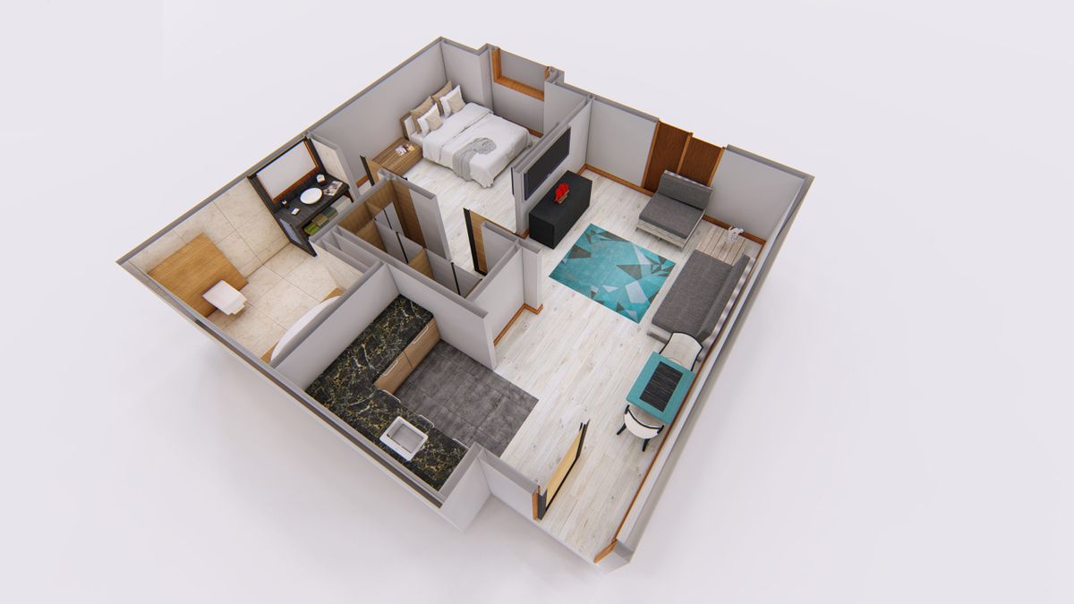 A 3D rendered floor plan of an apartment featuring a bedroom, bathroom, and living area.