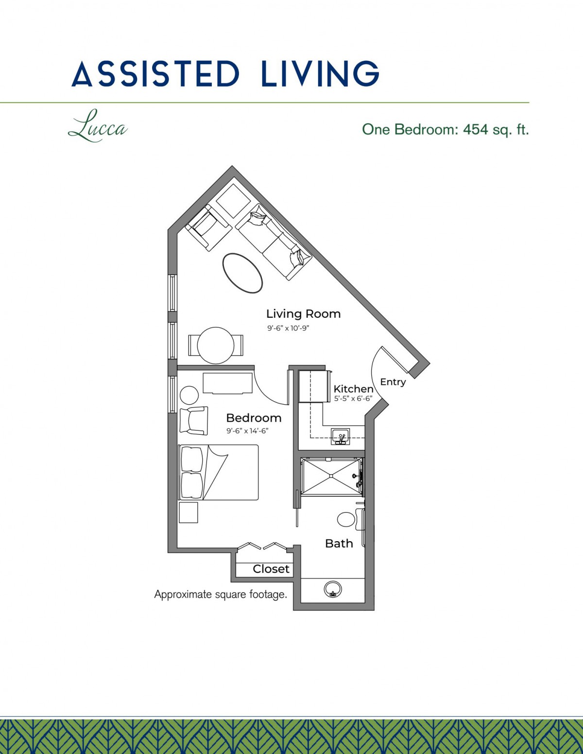 One-bedroom apartment floor plan featuring a living room, kitchen, and bathroom.