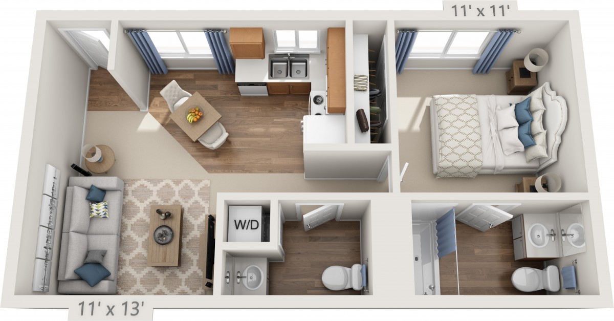 A top-down view of a one-bedroom apartment floor plan featuring a kitchen, living room, bedroom, and bathroom.