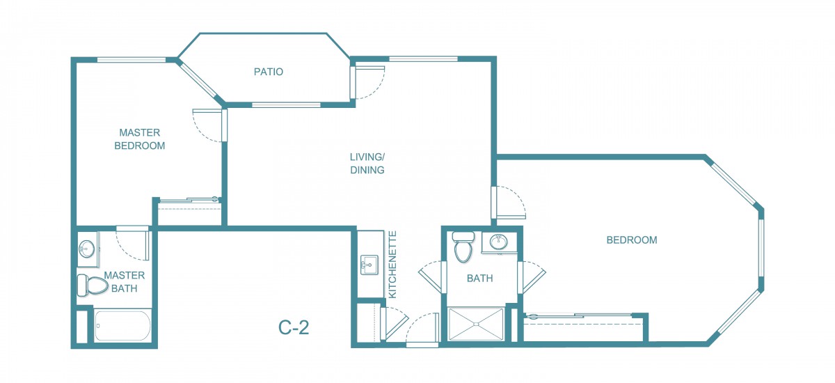 A basic floor plan of a one-bedroom apartment with a patio, living room, kitchen, bedroom, and bathroom.