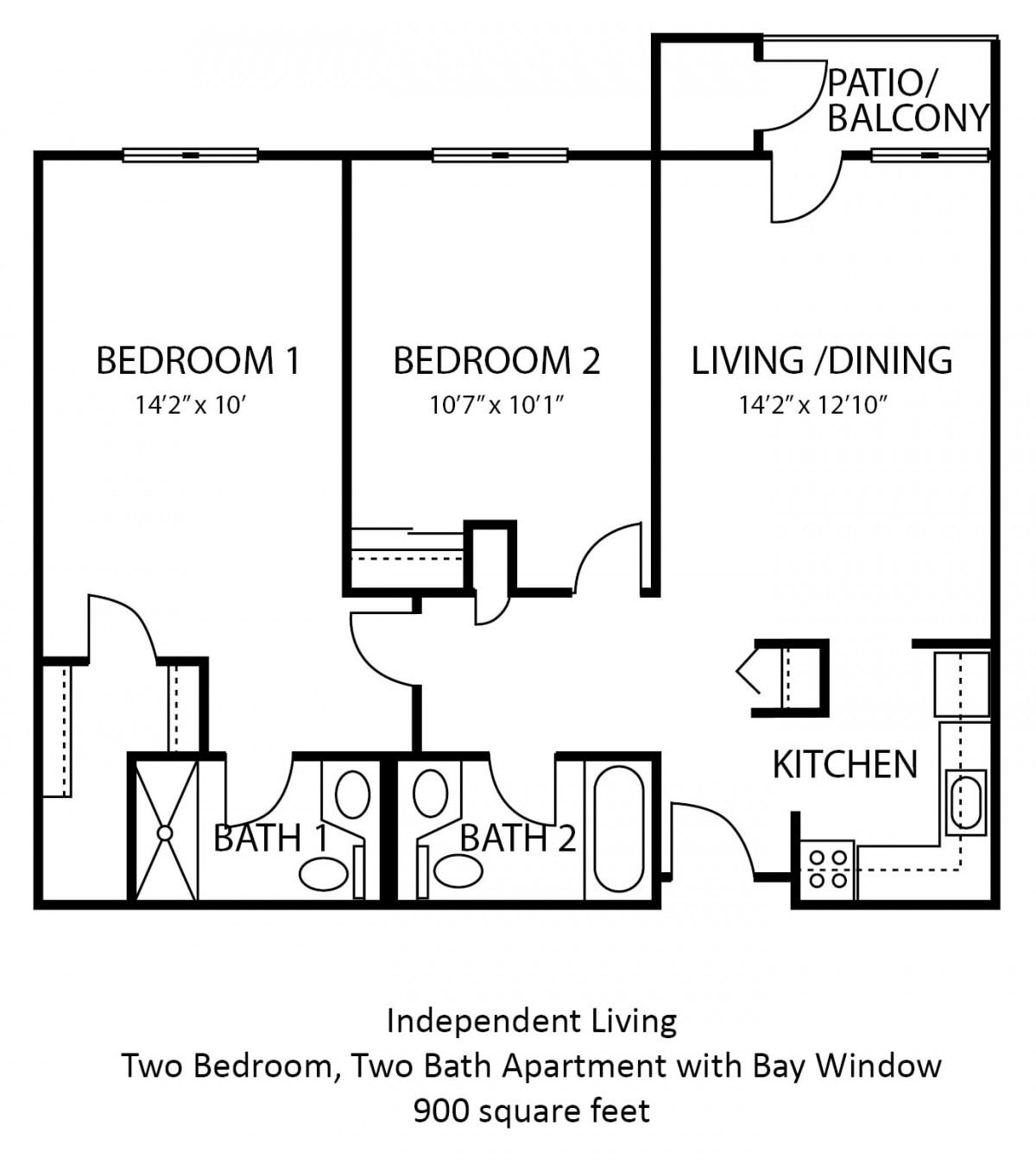 Floor plan of a two-bedroom, two-bath apartment with a bay window and balcony.