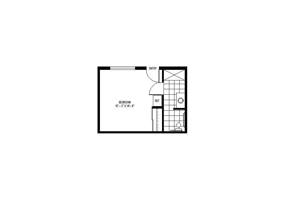 A minimalist floor plan of a studio apartment with labeled dimensions and a compact bathroom.