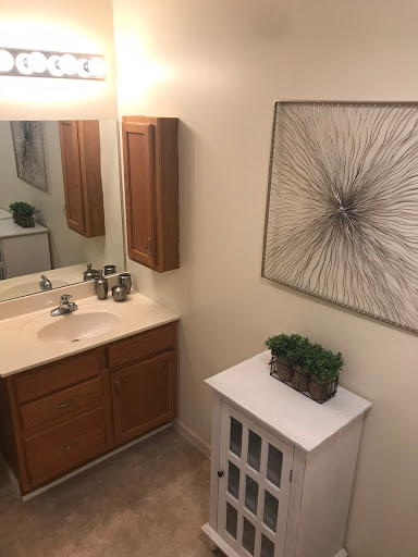 A cozy bathroom featuring a vanity, mirror, and decorative elements for a modern touch.