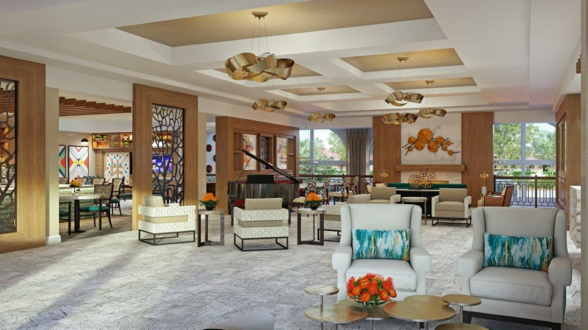 A modern and elegant lobby with stylish seating and decorative lighting.