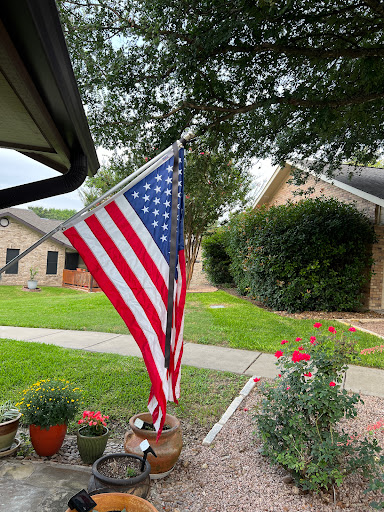 A bright American flag waving in front of a peaceful neighborhood.