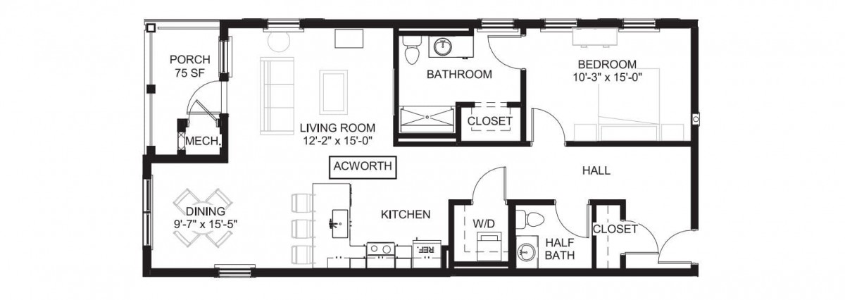 A floor plan of an apartment including a living room, kitchen, bathroom, half bath, closet, and laundry area.