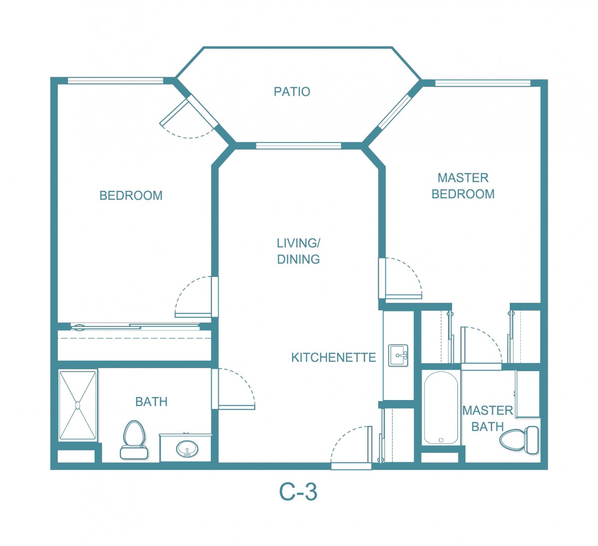 A floor plan of a two-bedroom apartment with living/dining area and kitchen.