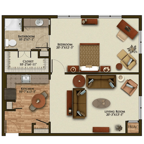 One-bedroom apartment floor plan with living room, kitchen, dining area, and bathroom.