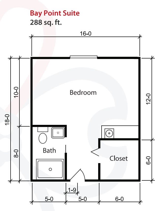 A simple floor plan featuring a bedroom with an attached bathroom and closet.