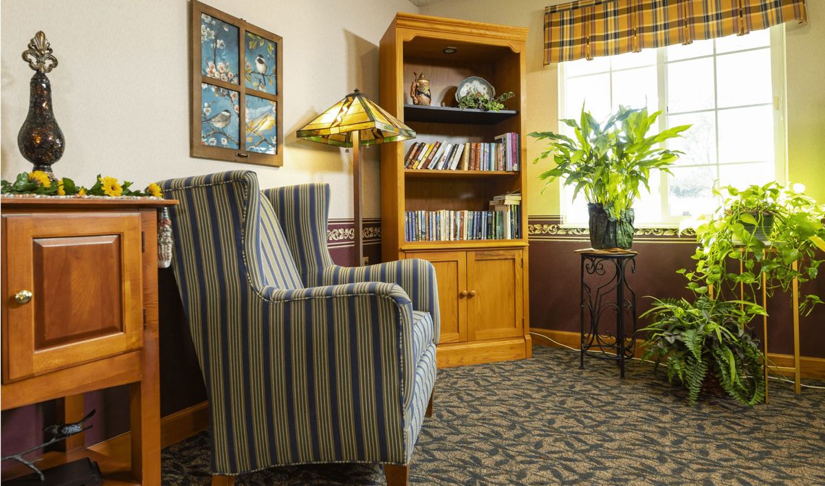 A cozy living room corner with a striped armchair, wooden bookshelf, lamp, and a potted plant by the window.