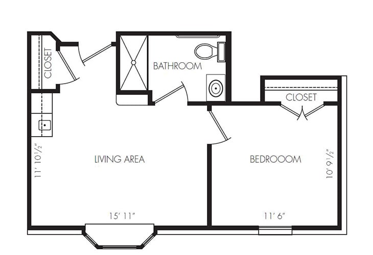 A floor plan showing a layout with a living area, bedroom, and bathroom.